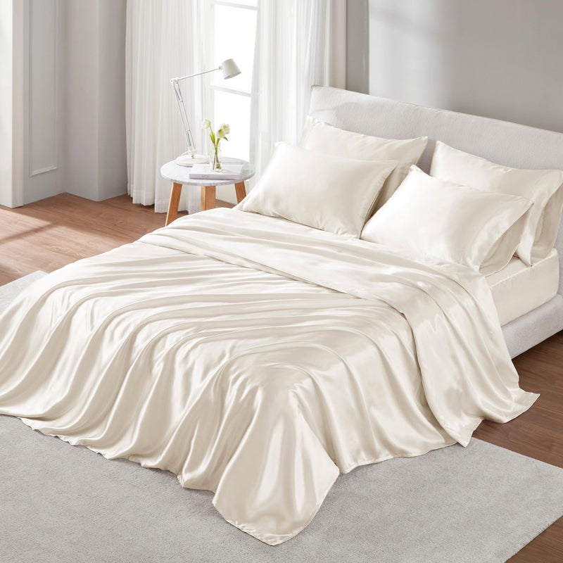 Madison Park Essentials Satin Sheet Set Luxury and Silky with Natural Sheen  Elastic 14"" Pocket fits up to 16"" Mattress  All Around Elastic - Year-Round Bedding  King  Ivory  6 Piece - Image 1